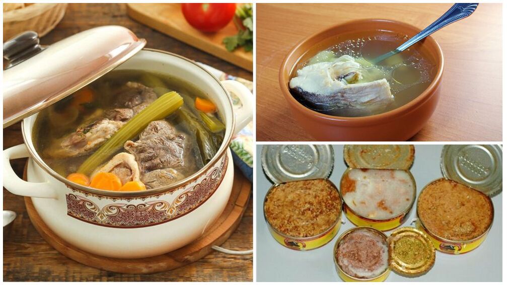 Forbidden foods for gout - rich meat and fish broths, canned food