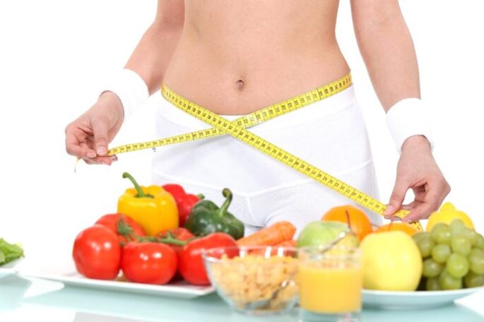Girl measures waist against the background of food